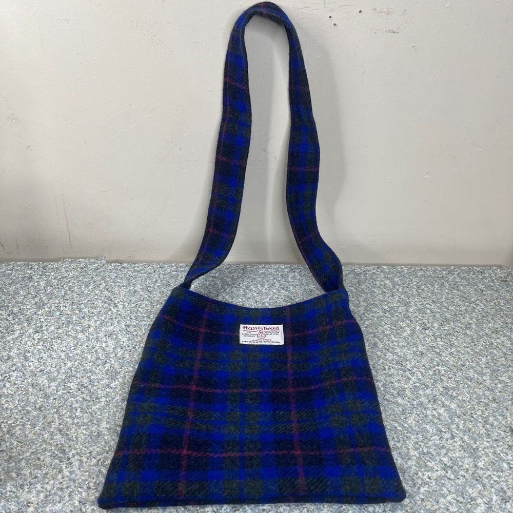 Harris Tweed Shoulder Bag Blue Plaid Wool Owl Lining Crossbody Magnetic Closure - Picture 5 of 11